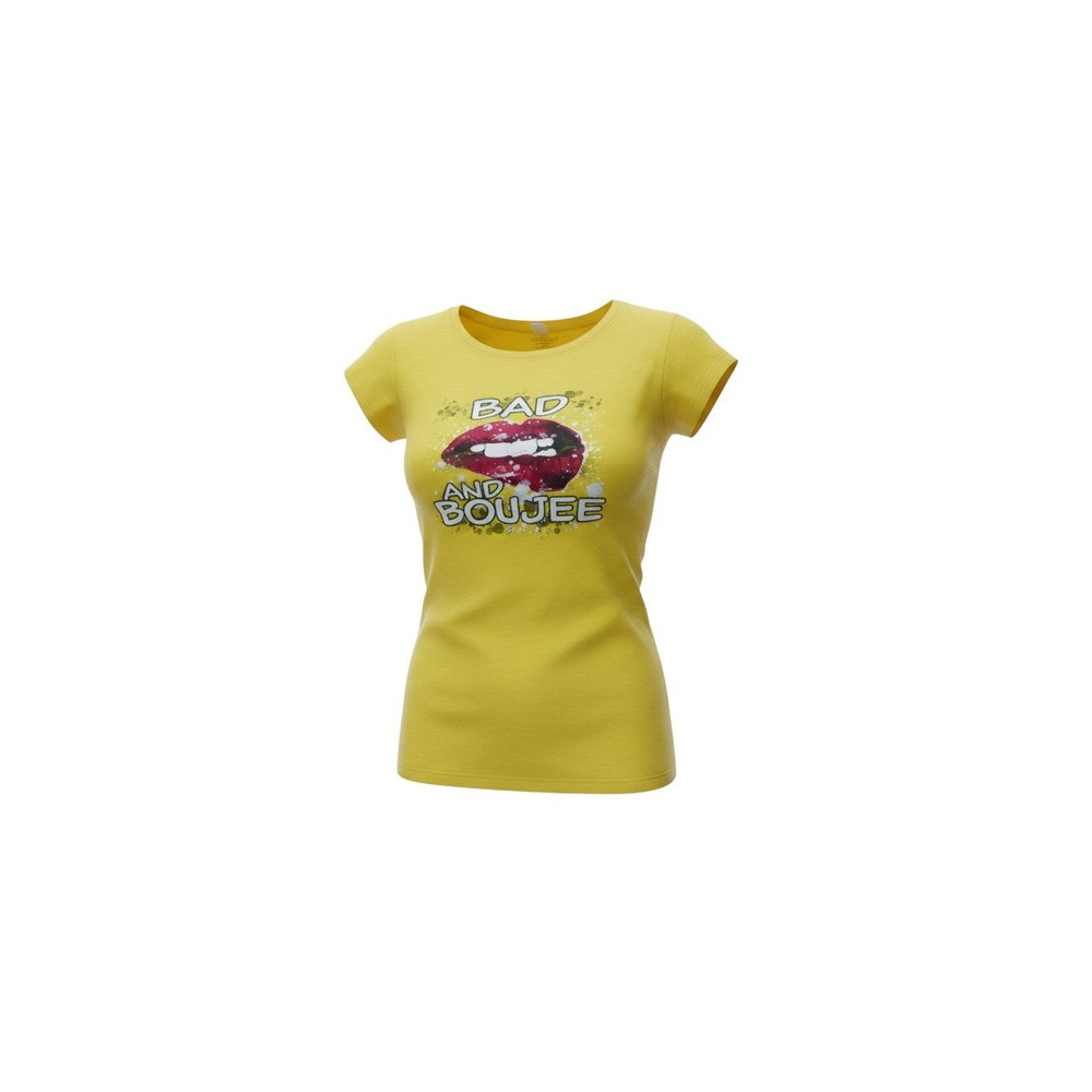 EJEL Graphic Tee Womens M Yellow Bad and Boujee Lip Print Short Sleeve Shirt
